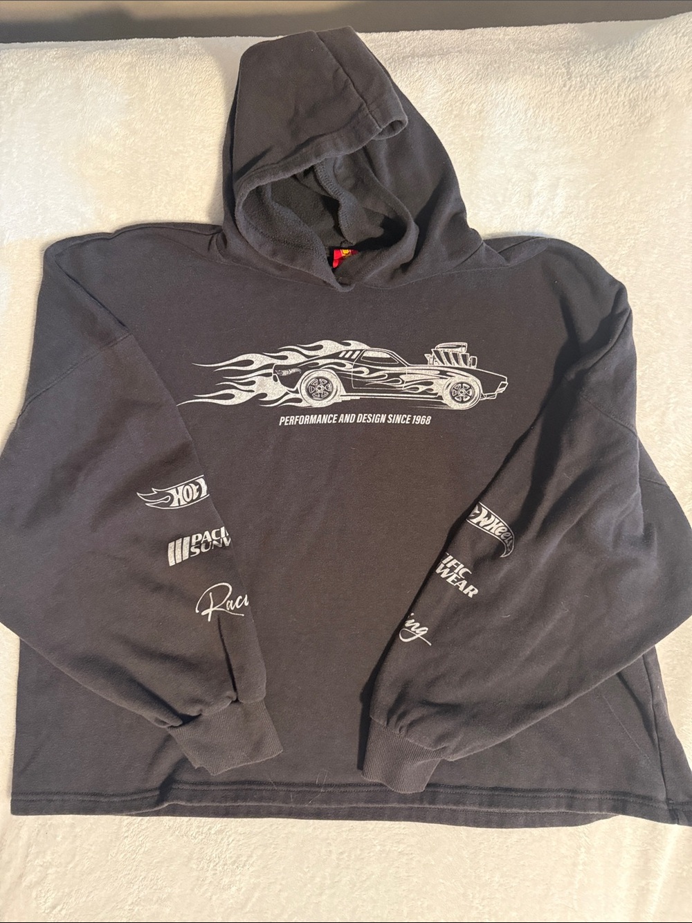 Black Graphic Racing Hoodie with Flame Car Print